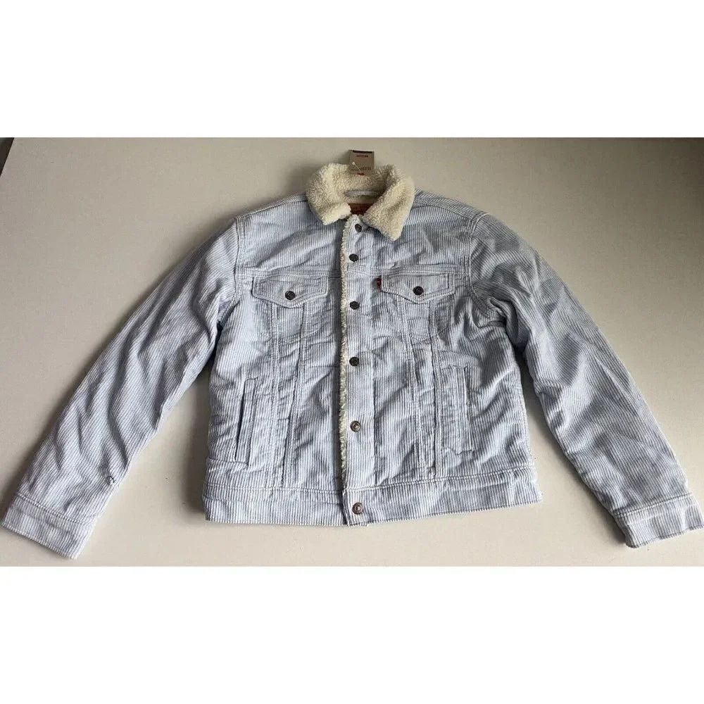 Levi’s Women’s Sz S Ex-Boyfriend Corduroy Trucker Jacket Baby Blue Sherpa Lined